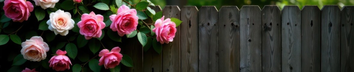 Pink and white roses cascading over a rustic wooden fence, summer, garden roses, flower