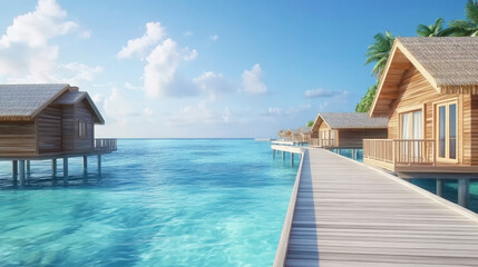 Overwater bungalows or villas connected by a wooden walkway in a tropical paradise with turquoise water and blue sky.