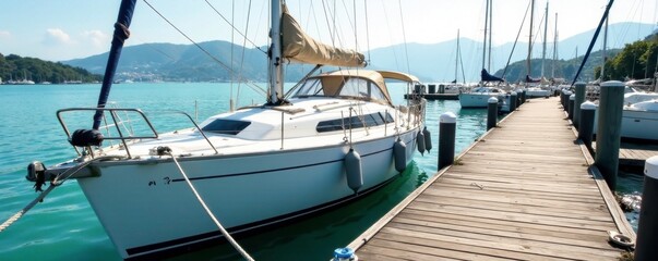 Fototapeta premium Sailboat docked at a wooden pier tied with ropes, docks, equipment