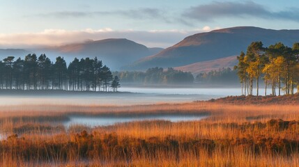 Fototapeta premium Misty Scottish Highlands Autumn Sunrise Landscape