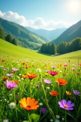 Obraz premium Vibrant wildflowers in lush green meadow, sunlit hills , tranquil, painting