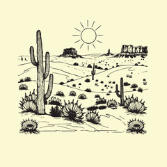 vector Western desert landscape illustration, t-shirt