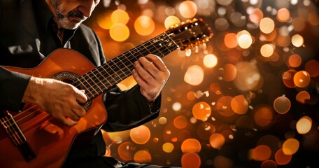Obraz premium Guitarist on stage and sings in a concert for background, soft and blur concept.