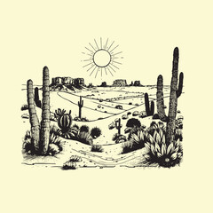 vector Western desert landscape illustration, t-shirt