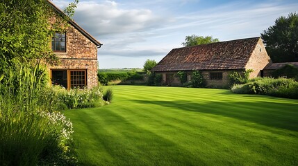 Obraz premium Green lawn in an ordinary barn and cottage