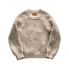 Warm Woolen Crew Neck Sweater in Beige with Brown Cable Knitting Isolated on Transparent Background