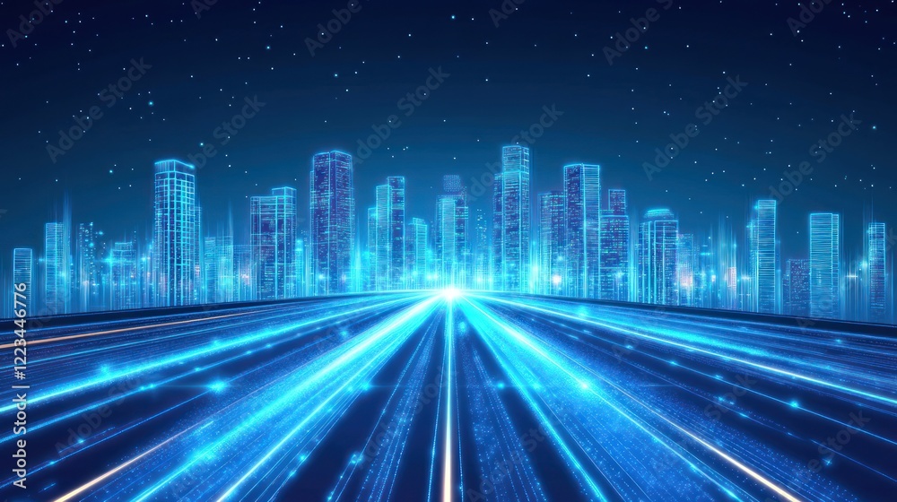 Poster futuristic cityscape with illuminated highway leading towards digital skyline