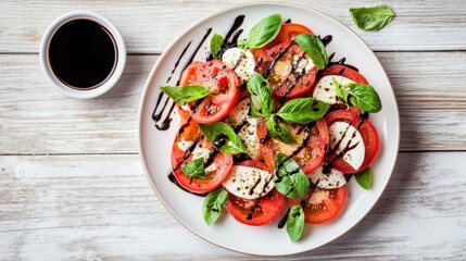 A classic caprese salad with ripe tomatoes, fresh mozzarella, basil leaves