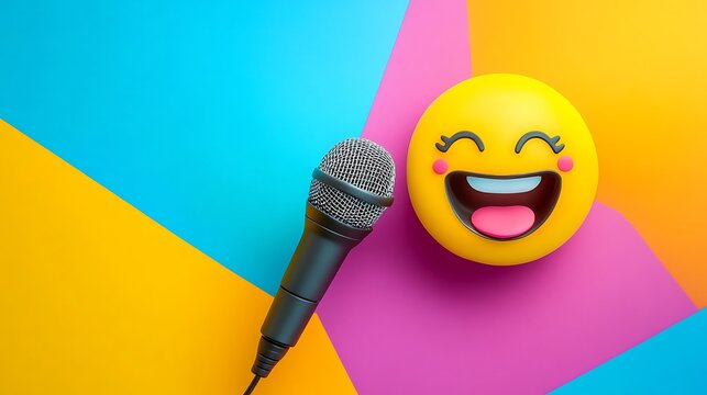 Grinning emoji holding a microphone isolated on a colorful background