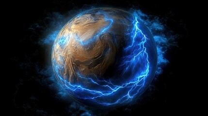 Electrifying earth: planet with striking blue lightning and dark clouds
