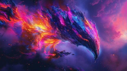 Abstract Flaming Bird Soaring Through Cosmic Nebula