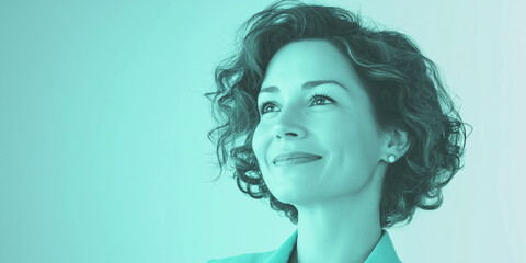 professional businesswoman in isolated blue background with arm crossed power pose, copy space background