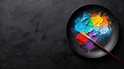 Colorful oil paints on palette, art supplies, dark background, creative process, for website banner