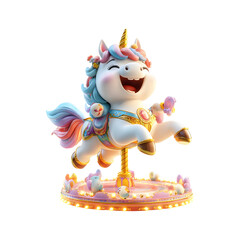 Fluffy 3D Cartoon Unicorn Riding a Glowing Carousel Isolated on Transparent Background