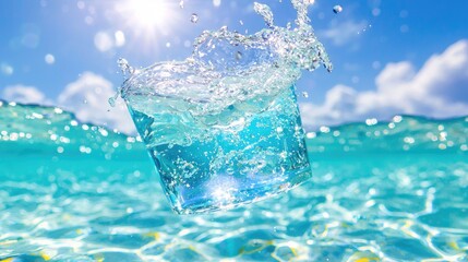 Glass of water splashing in ocean, sunny day, refreshing drink