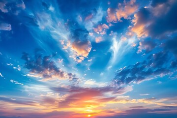 Obraz premium Sky at sunset with dramatic cloud formations reflecting the colors of the setting sun.