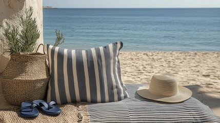 Colorful wicker bag and striped bag and summer accessories on sandy beach