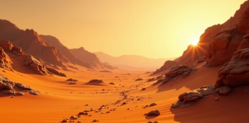 Naklejka premium Sandy terrain, Martian landscape, warm orange hues, Soft focus, Desert landscape