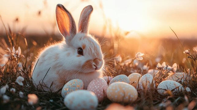 easter concept. Adorable fluffy bunny sitting among colorful Easter eggs on spring meadow, surrounded by blooming flowers, soft sunlight, natural and cheerful atmosphere. copy space.