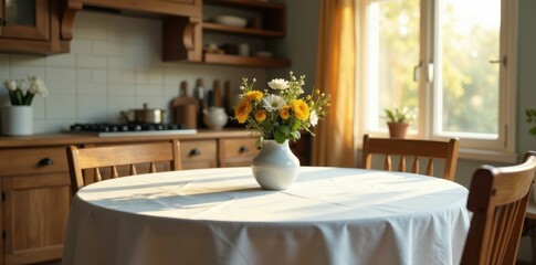 Wooden kitchen table with white tablecloth and decorative centerpiece, modern, centerpiece, interior design