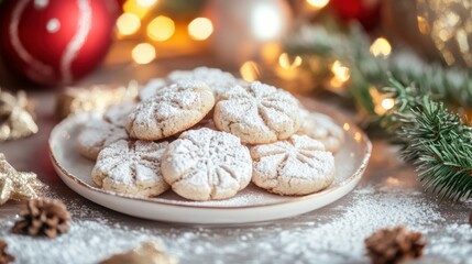 Festive holiday snowball cookies with icing sugar and christmas decorations