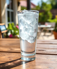 Refreshing clear glass of ice water sitting on a wooden table during a sunny day outdoors in a cozy garden setting