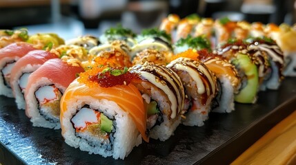 Colorful variety of sushi rolls displayed on a black tray