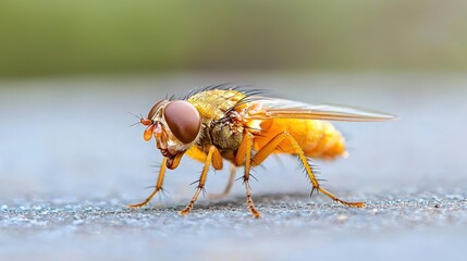 Yellow fly on gray surface, blurred background, macro photography, for scientific use