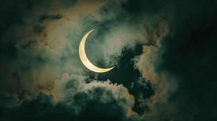 Sky during a solar eclipse, with the sun partially obscured by the moon.