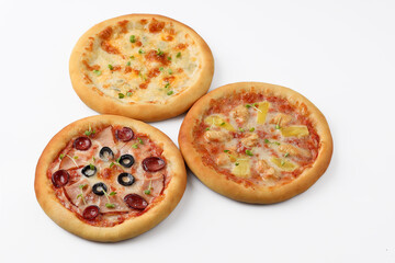 Three popular mini pizzas on a white background. isolate. Fast food for café menu