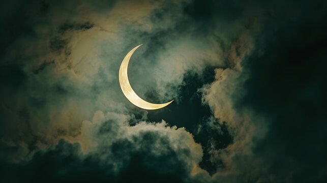 Sky during a solar eclipse, with the sun partially obscured by the moon.