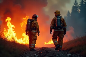 Naklejka premium Two figures in protective suits navigating a fire scene , building, safety