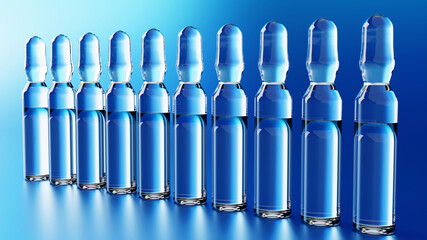 medical glass ampoules on a blue background. 3D illustration. medicine and health