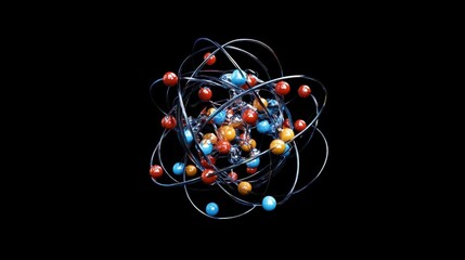 Colorful atomic model with electrons orbiting central nucleus on black background