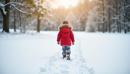 Child in a red jacket walking through fresh snow with footprints leading into the sunlit forest