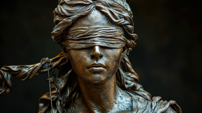 Statue of a woman with her eyes covered. The statue is made of bronze and is very detailed. The statue is of a woman who is a judge or a lawyer. The statue is meant to represent the idea of justice