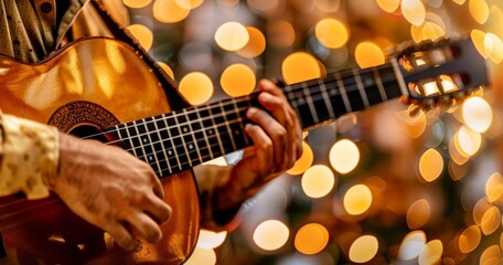 Obraz premium Guitarist on stage and sings in a concert for background, soft and blur concept.