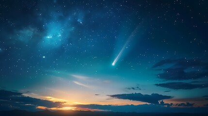 Sky with a bright comet and its tail streaking across the night.