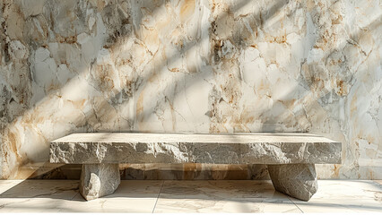 Large stone bench sits in front of a wall. The bench is made of stone and has a rustic appearance. The wall behind the bench is made of concrete and has a textured surface