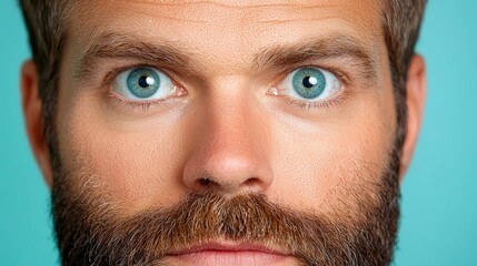 Obraz premium Close-up of man's surprised eyes, teal background. Stock photo for ads