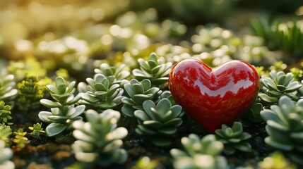 Red heart amidst lush greenery