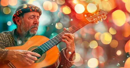 Fototapeta premium Guitarist on stage and sings in a concert for background, soft and blur concept.