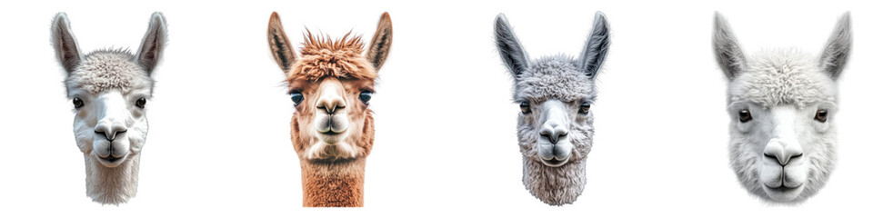 Alpaca face shot isolated on transparent background, PNG, Set of