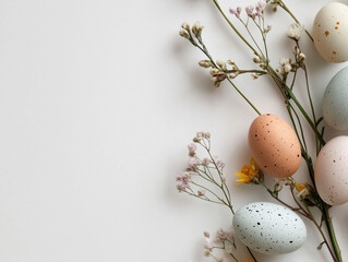 Fototapeta premium Bunch of flowers and eggs are arranged on a white background