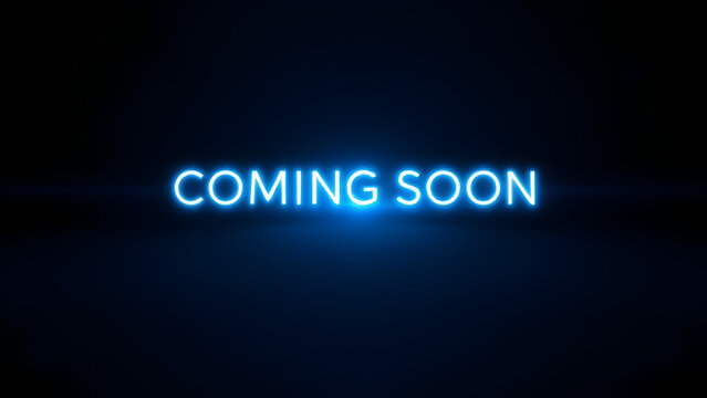 Coming soon on dark background with blue glowing lights.