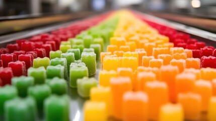 Obraz premium Colorful gummy candies arranged in rows on a production line in a factory setting