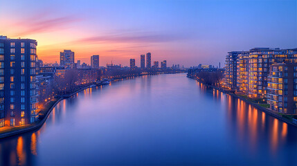 Fototapeta premium Beautiful Middle East city on the sea at gentle run rise light, Emirati culture 