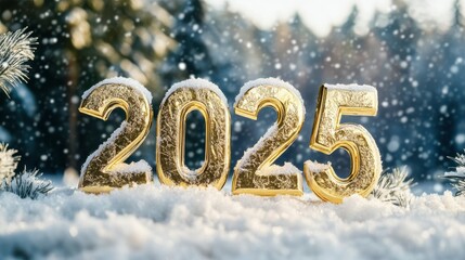 Golden 2025 numbers in snowy winter wonderland setting with snowflakes