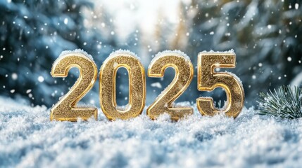 2025 golden numerals in sparkling snowy winter landscape