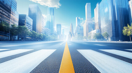 Plakat Empty City road perspective view and modern city centre with skyscrapers on the horizon. The way to success concept